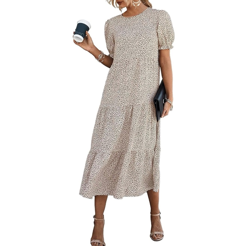 Pretty Garden Boho Leopard Print Ruffle Puff Sleeve High Waist MIDI Dress Small